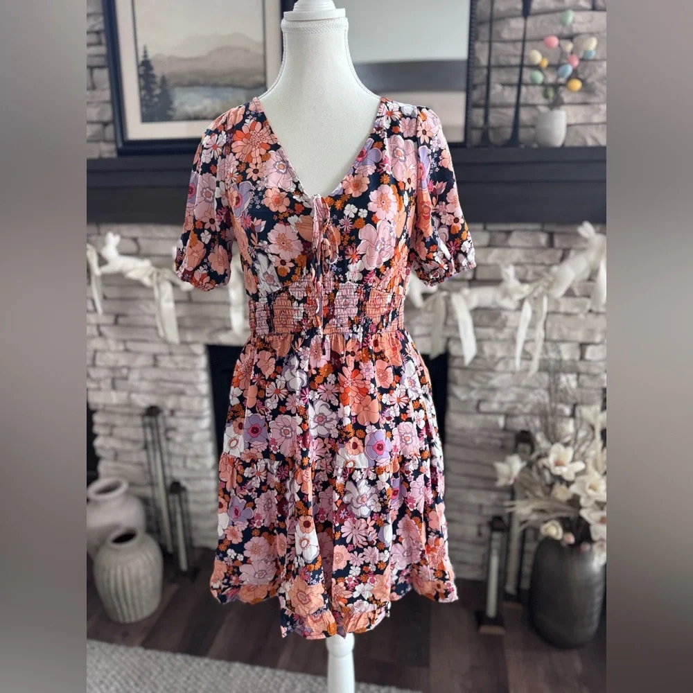 NEW WITH TAGS Small Floral Smocked Waist Puff Sleeve Dress - Multi
